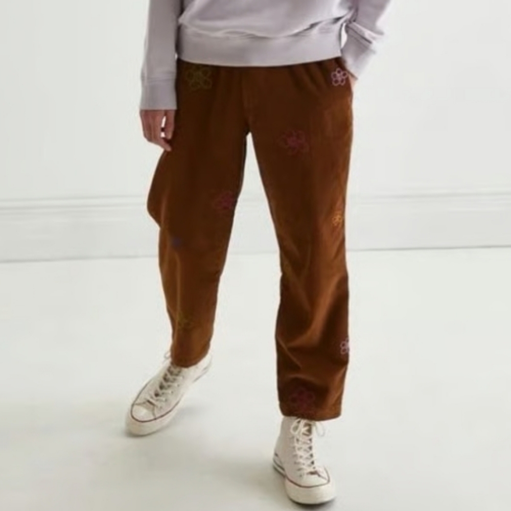 Urban Outfitters Brown Floral Embroidered Corduroy Pants